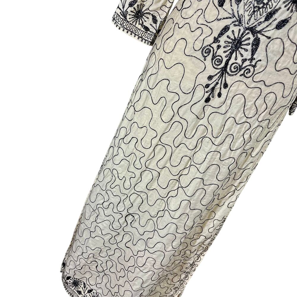 Vintage 70s Kaftan Maxi Dress Cream Black Geometric Embroidered Size Small - Picture 3 of 13